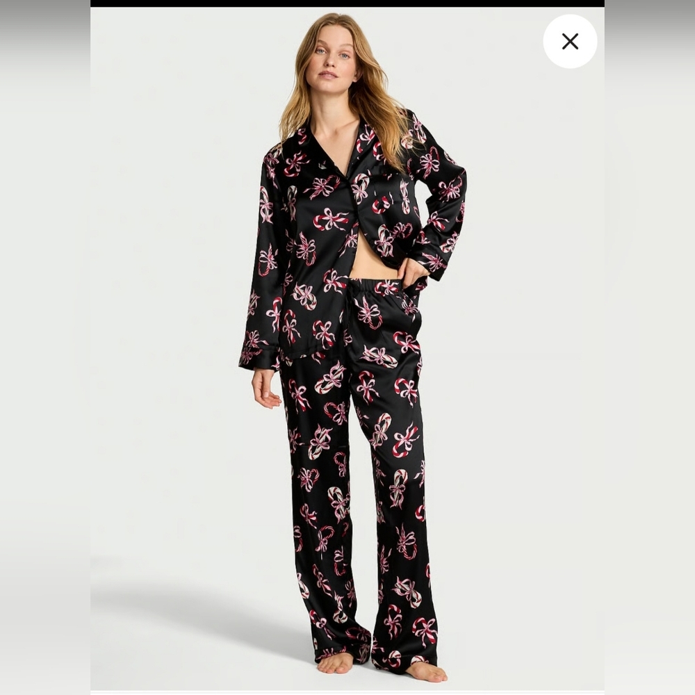 Women's Black and Pink Satin Pajama Set